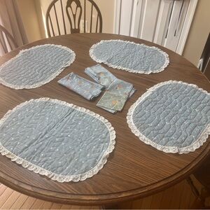 Elegant Blue Reversible Quilted Placemats with Lace Trim